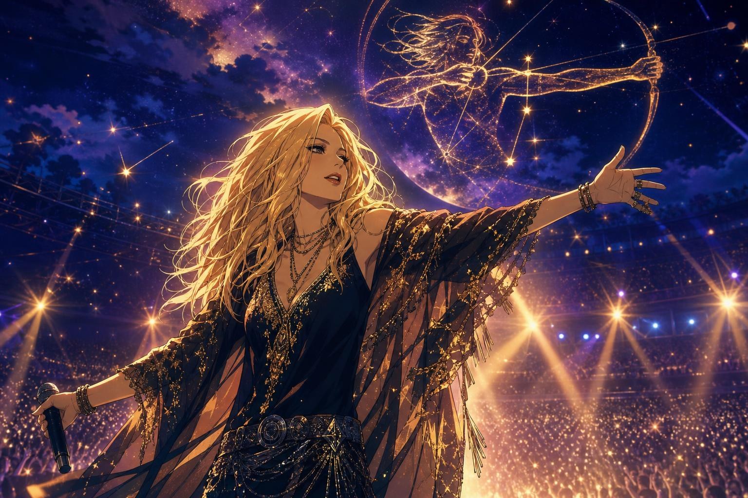 Η Άννα Βίσση ως δυναμική γυναίκα Τοξότης σε συναυλιακή σκηνή