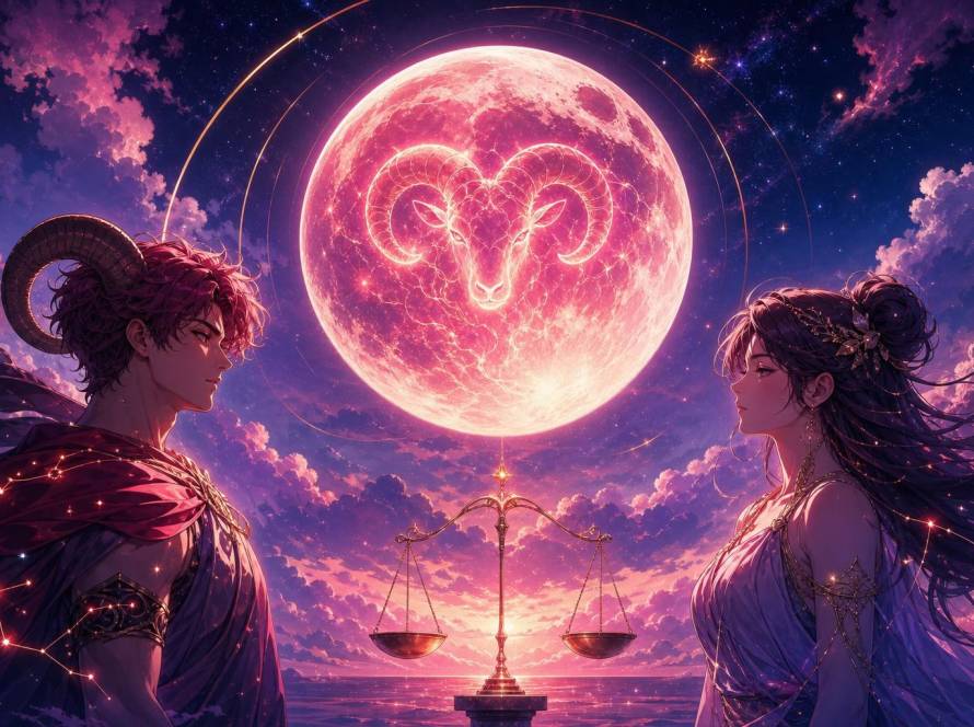 Anime-inspired εικονογράφηση της Πανσελήνου στον Κριό με συμβολισμό αυτογνωσίας και ισορροπίας